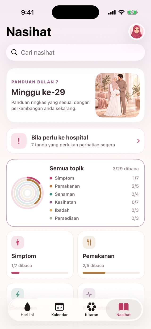 Skrin Nasihat: panduan minggu ke-29, tanda perlu ke hospital, dan topik yang telah dibaca